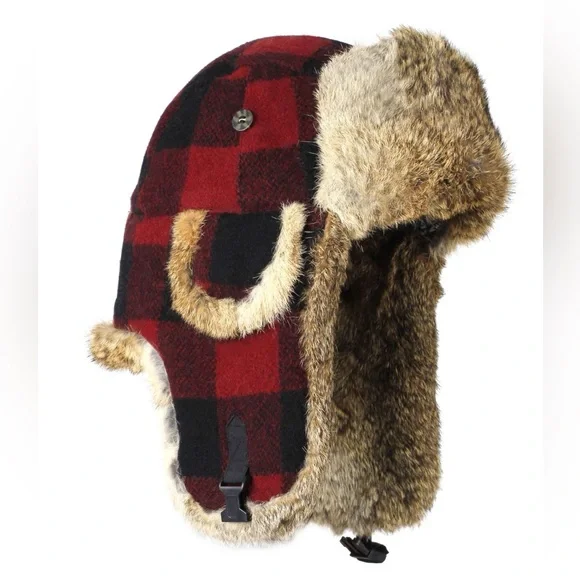 Mad bomber maroon plaid bomber hat with rabbit fur - Picture 1 of 8